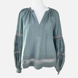 MARIE OLIVER Slate Blue Boho Crochet Peasant Prairie Cottagecore Blouse SMALL‎